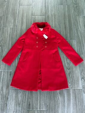 Janie and Jack Red Double-Breasted Coat with Faux Fur Collar